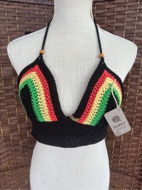 Beehive Handmade Crochet Black Rasta Stripe Crochet Crop Top/Bralette
